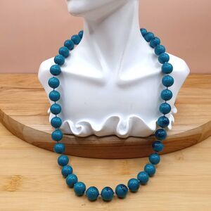 Vintage Teal Blue w Black Accent Acrylic Bead Single Strand Necklace